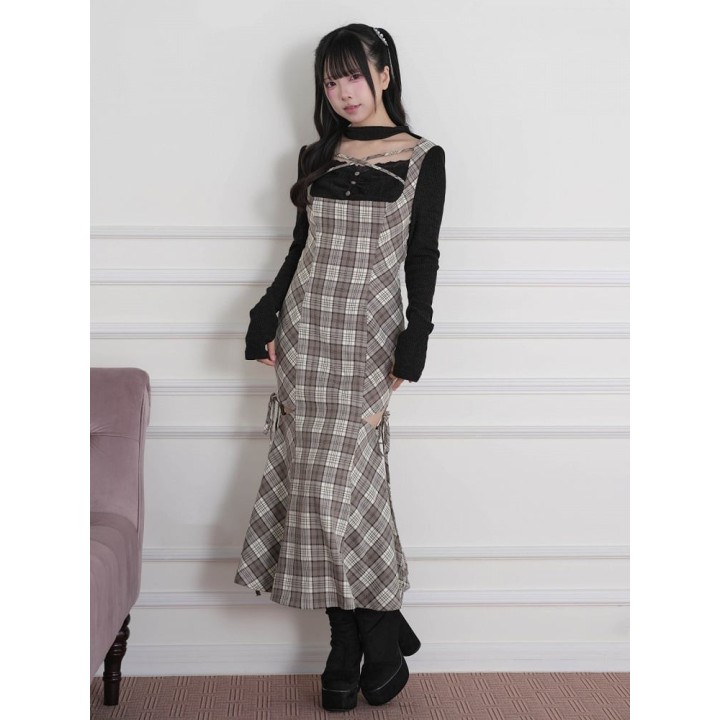 Robe longue à carreaux effet deux pièces à découpes – Marron
