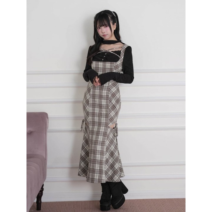 Robe longue à carreaux effet deux pièces à découpes – Marron