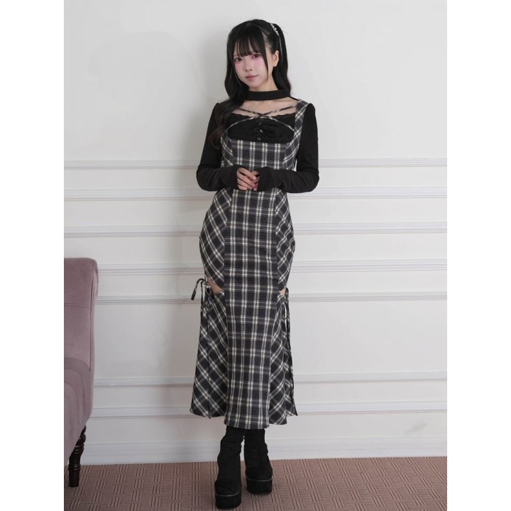 Robe longue à carreaux effet deux pièces à découpes – Noir