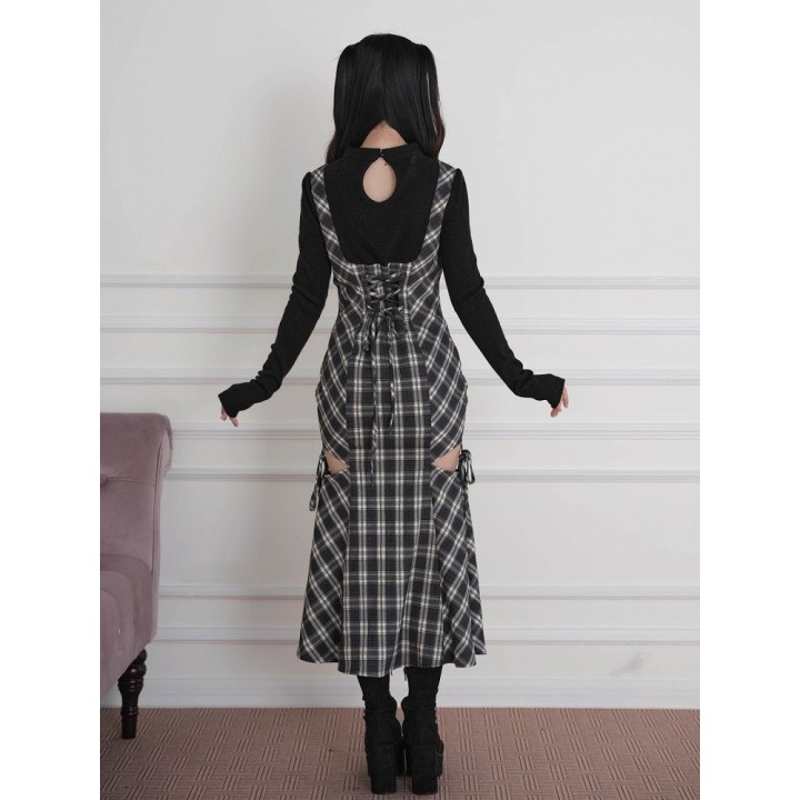 Robe longue à carreaux effet deux pièces à découpes – Noir