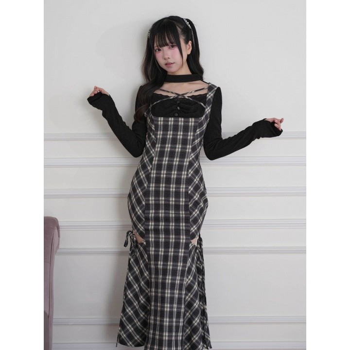 Robe longue à carreaux effet deux pièces à découpes – Noir