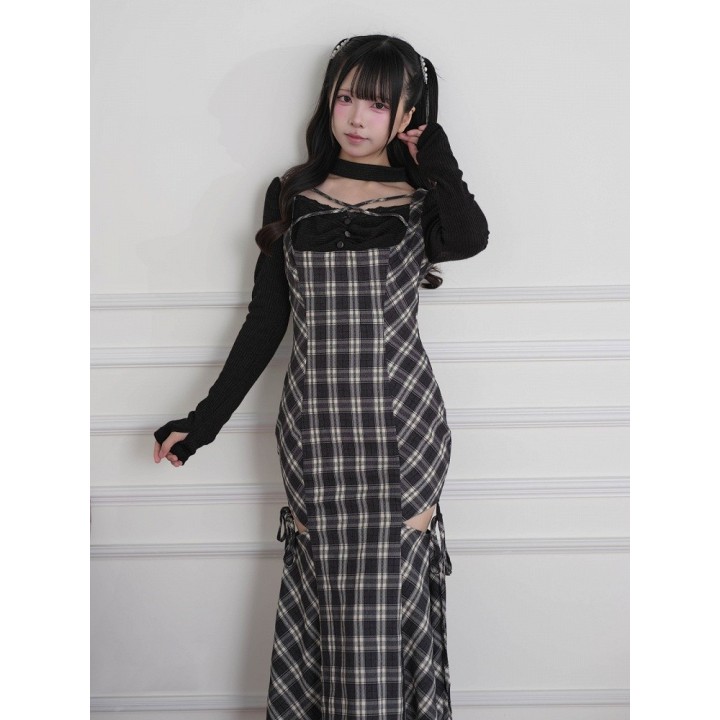 Robe longue à carreaux effet deux pièces à découpes – Noir
