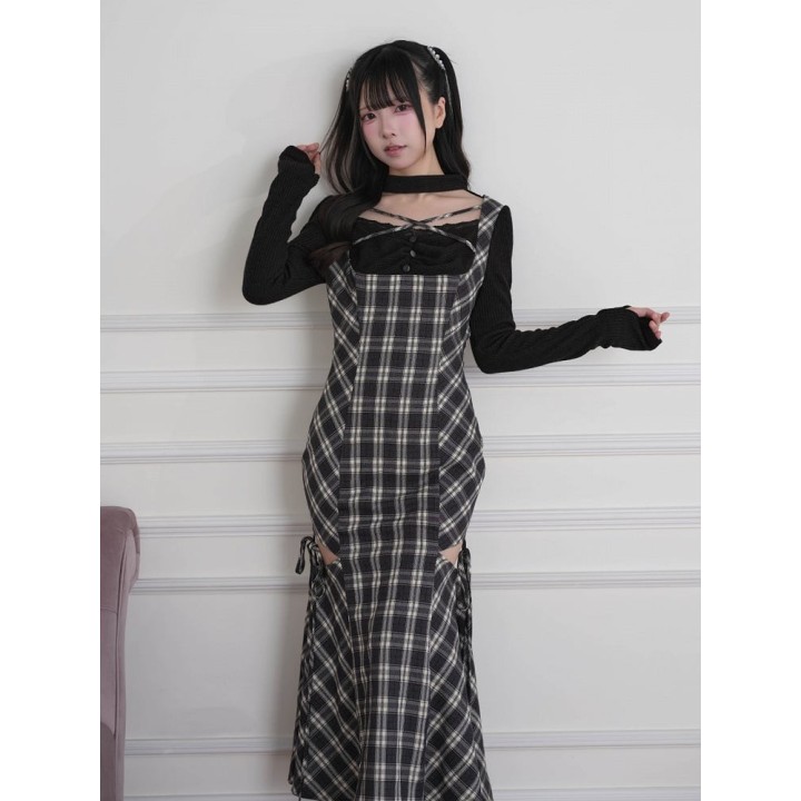 Robe longue à carreaux effet deux pièces à découpes – Noir