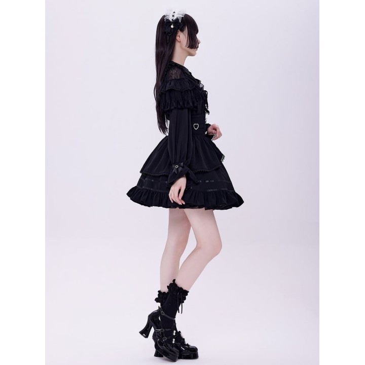 Jupe Jirai Kei noire taille haute à volant