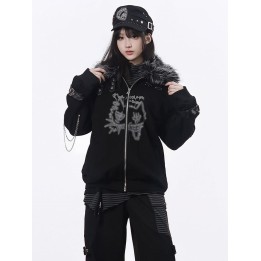 Blouson rock noir doublé polaire à col fourrure et chaînes