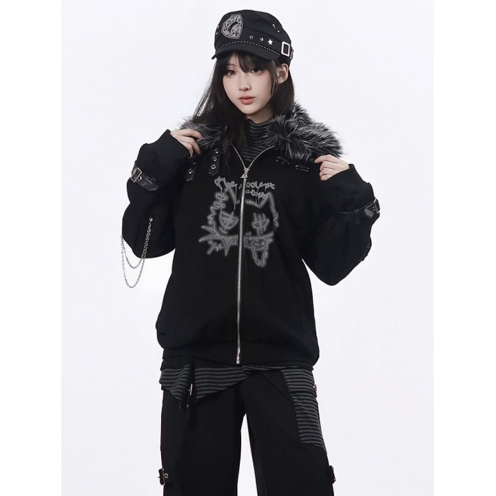 Blouson rock noir doublé polaire à col fourrure et chaînes