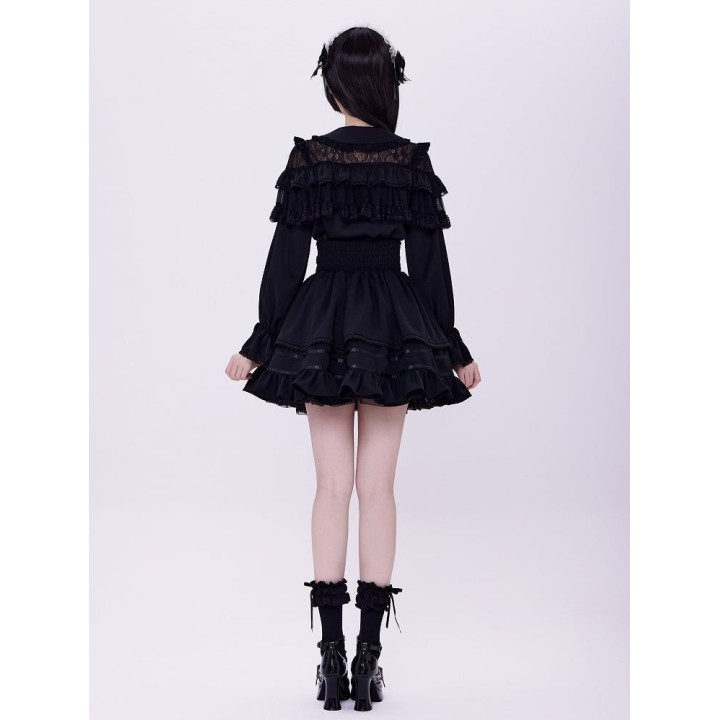 Jupe Jirai Kei noire taille haute à volant