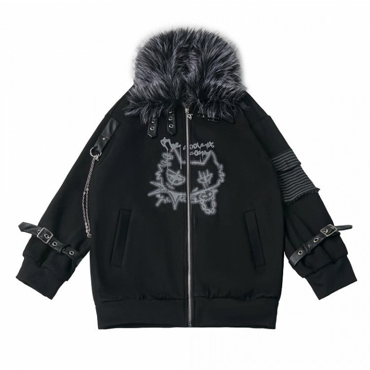 Blouson rock noir doublé polaire à col fourrure et chaînes