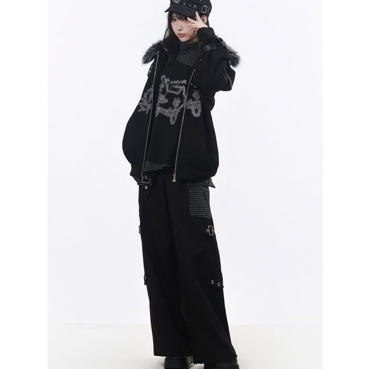 Blouson rock noir doublé polaire à col fourrure et chaînes