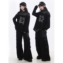 Pantalon cargo rock noir droit à poche rayée