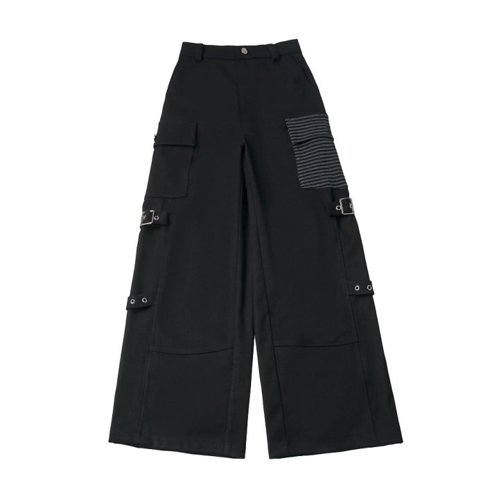 Pantalon cargo rock noir droit à poche rayée
