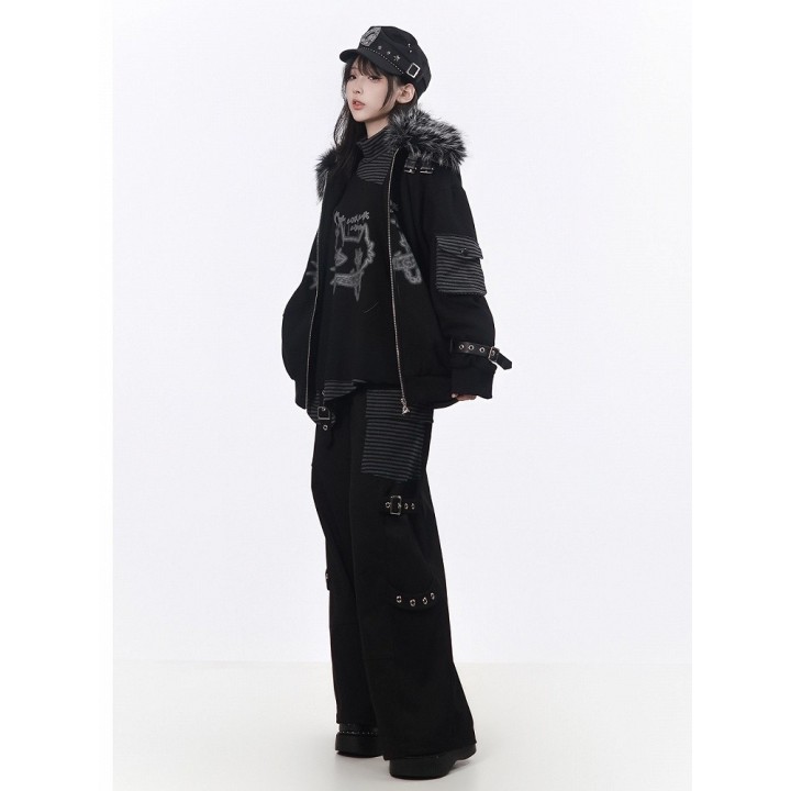 Pantalon cargo rock noir droit à poche rayée