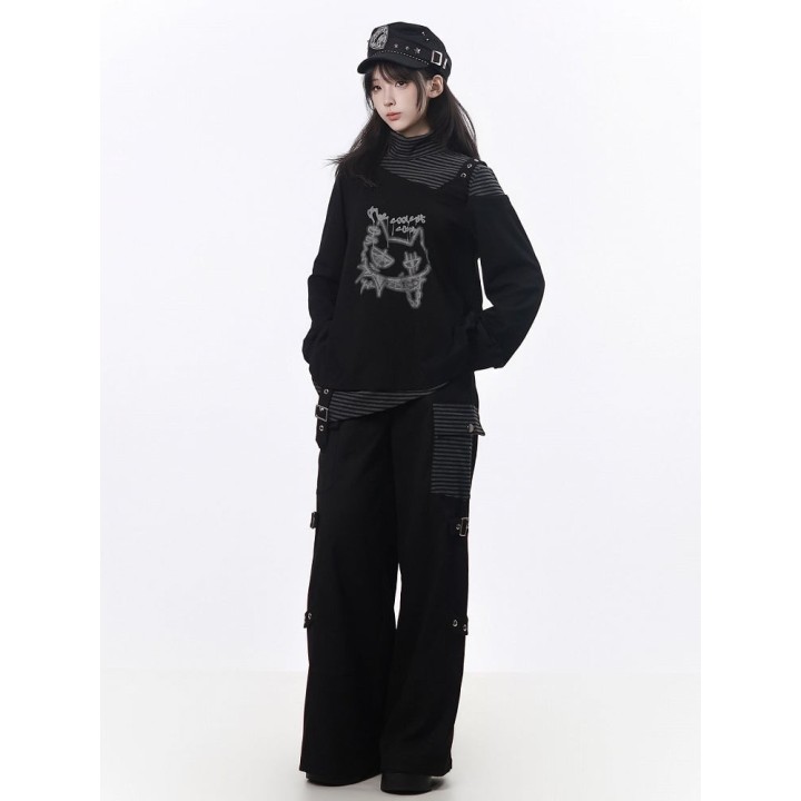 Pantalon cargo rock noir droit à poche rayée
