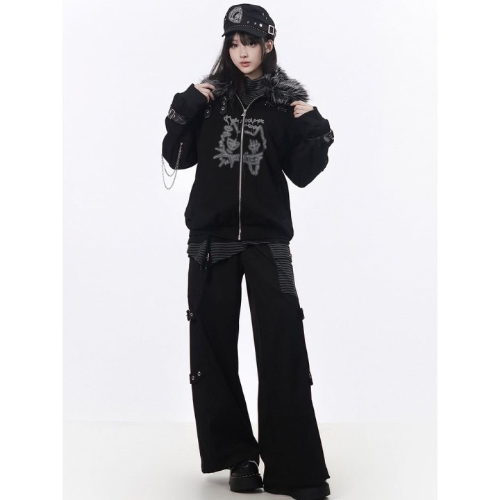 Pantalon cargo rock noir droit à poche rayée