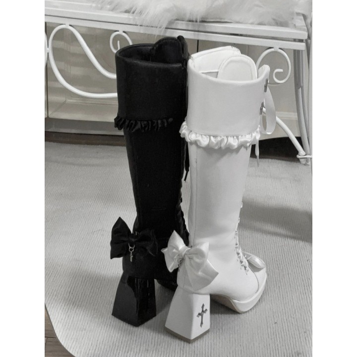 Bottes hautes gothiques lolita, talon à croix ajourée