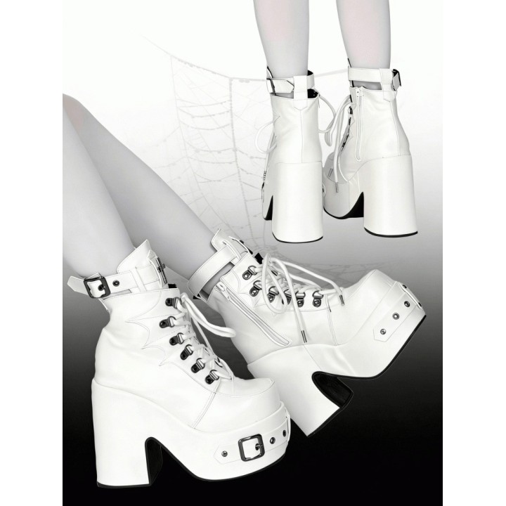Bottines plateforme gothiques à boucles, croix et toile d'araignée – Blanc