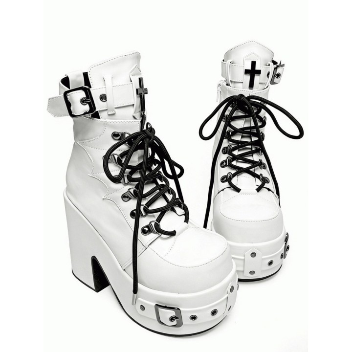 Bottines plateforme gothiques à boucles, croix et toile d'araignée – Blanc