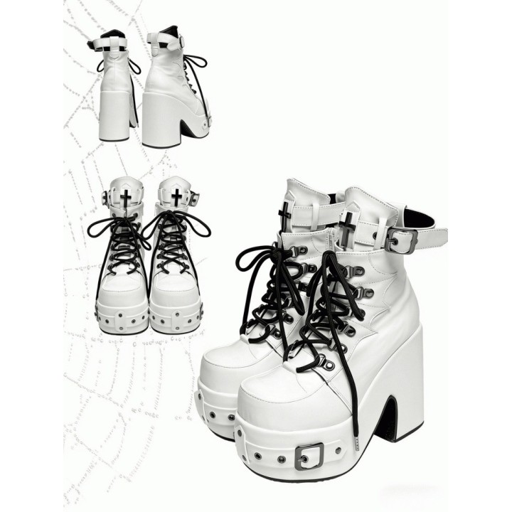 Bottines plateforme gothiques à boucles, croix et toile d'araignée – Blanc