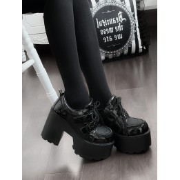 Chaussures lolita semelle épaisse toile d'araignée à boucle et chaînes – Noir
