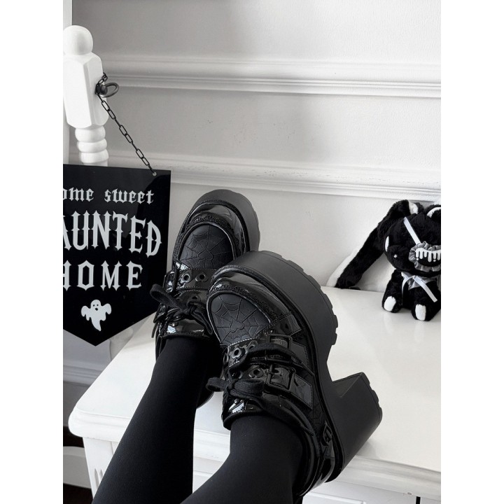 Chaussures lolita semelle épaisse toile d'araignée à boucle et chaînes – Noir