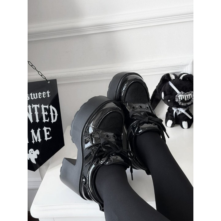 Chaussures lolita semelle épaisse toile d'araignée à boucle et chaînes – Noir