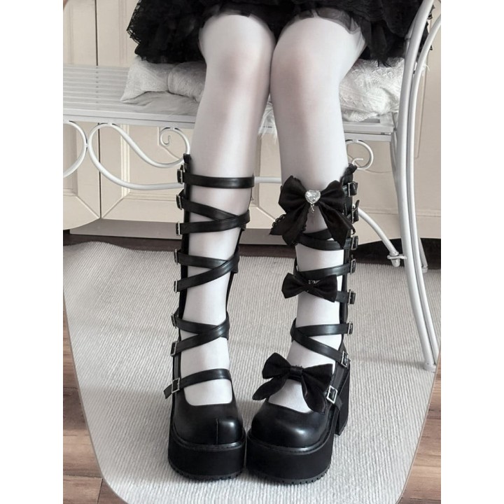 Bottines mi-mollet lolita plateforme à nœuds et zip au dos – Noir