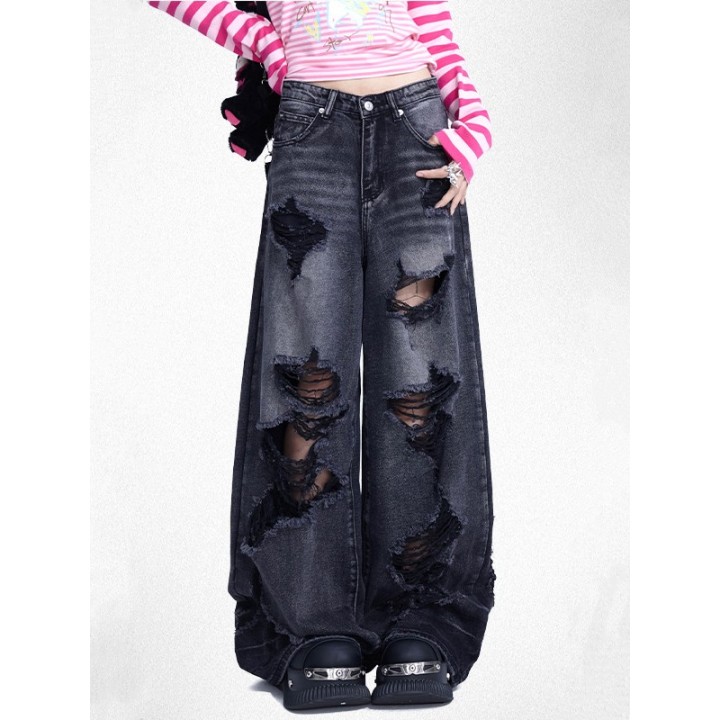 Jean large punk gris foncé effet déchiré