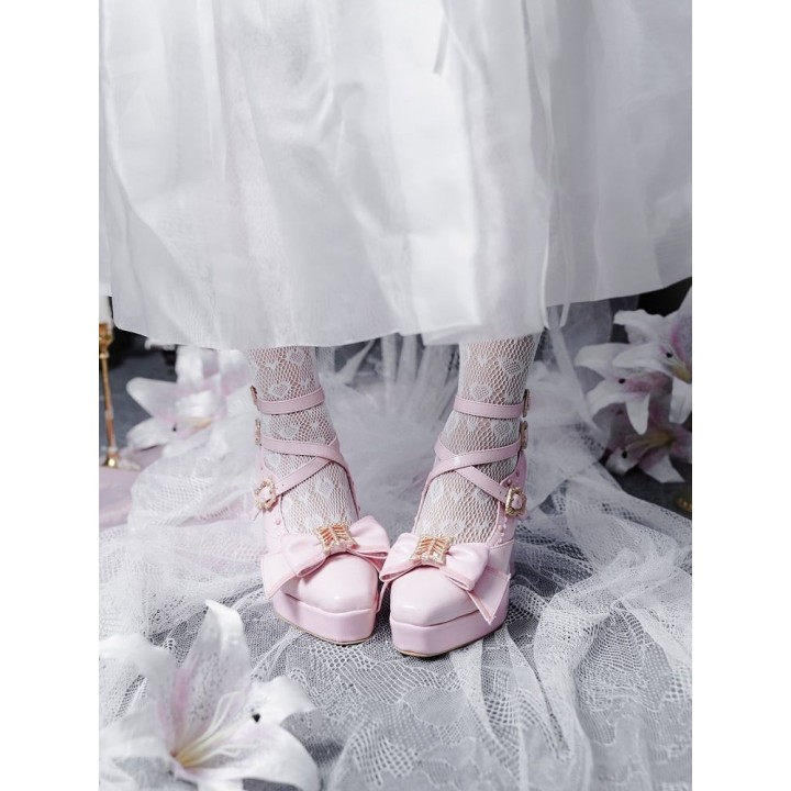 Chaussures lolita talon compensé à nœud papillon – Rose verni