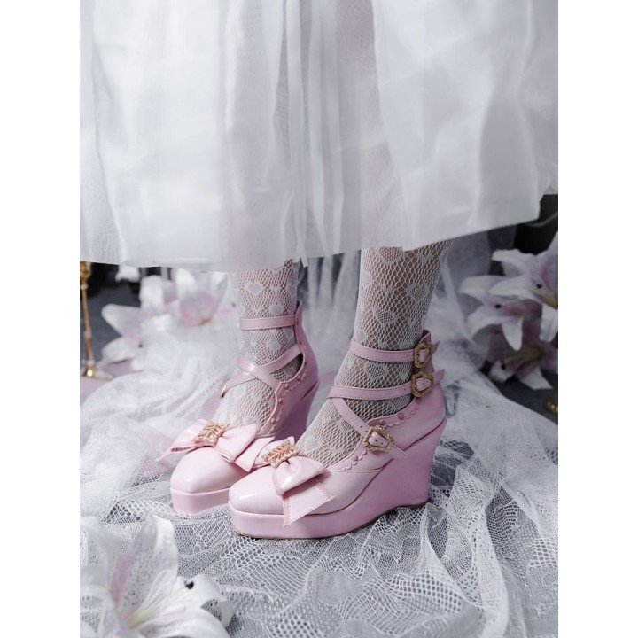 Chaussures lolita talon compensé à nœud papillon – Rose verni