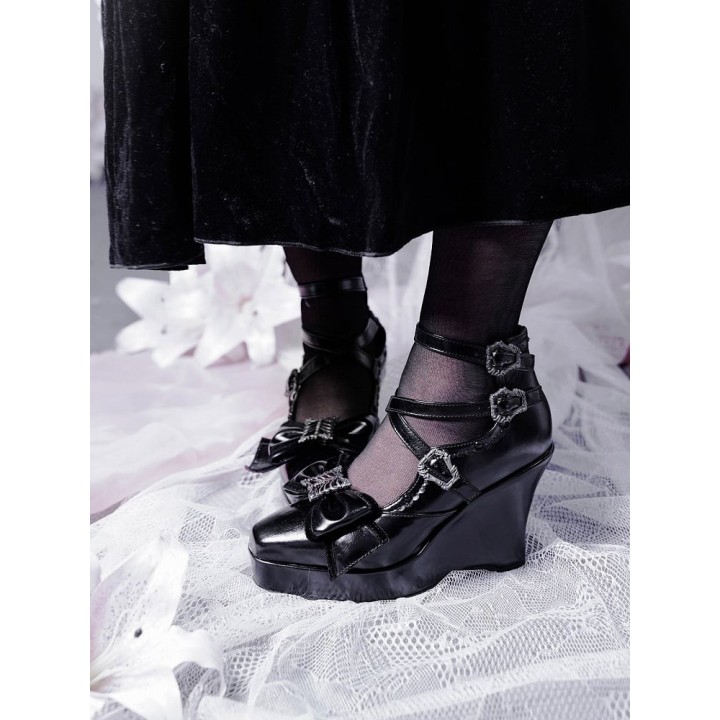 Chaussures lolita talon compensé à nœud papillon – Noir verni