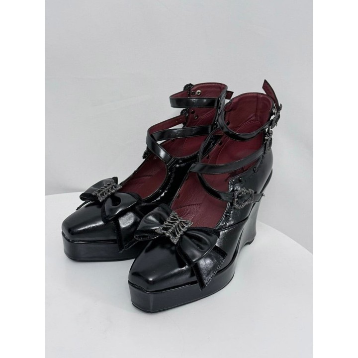 Chaussures lolita talon compensé à nœud papillon – Noir verni