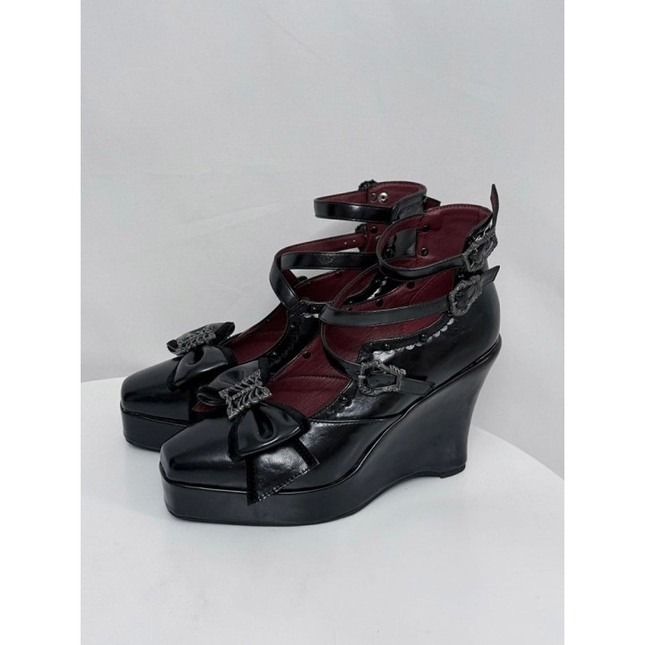 Chaussures lolita talon compensé à nœud papillon – Noir verni