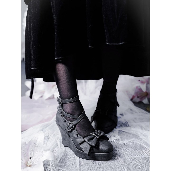 Chaussures lolita talon compensé à nœud papillon – Noir mat