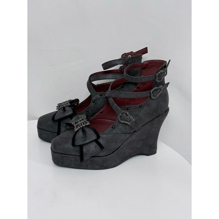 Chaussures lolita talon compensé à nœud papillon – Noir mat
