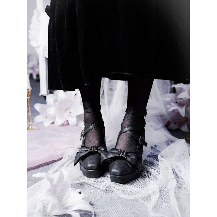 Chaussures lolita talon compensé à nœud papillon – Noir mat