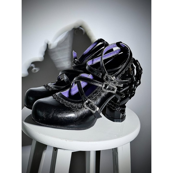 Chaussures lolita talon os à dentelle et brides croisées – Noir verni