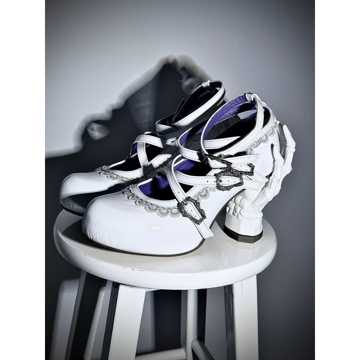 Chaussures lolita talon os à dentelle et brides croisées – Blanc