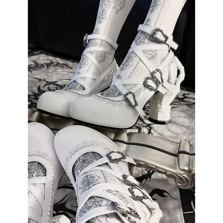 Chaussures lolita talon os à dentelle et brides croisées – Blanc