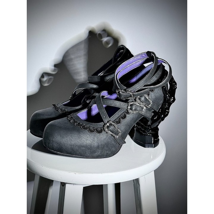 Chaussures lolita talon os à dentelle et brides croisées – Gris foncé
