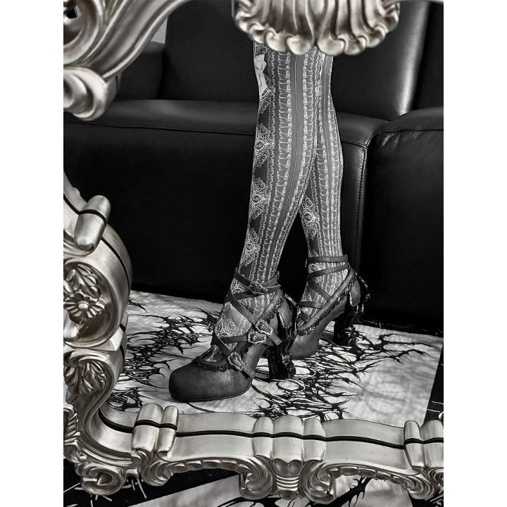 Chaussures lolita talon os à dentelle et brides croisées – Gris foncé