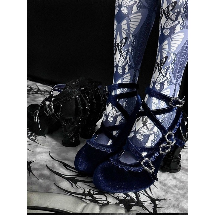 Chaussures lolita talon os à dentelle et brides croisées – Velours bleu foncé