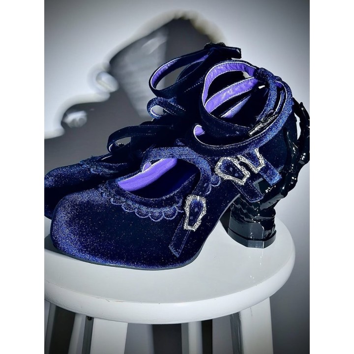 Chaussures lolita talon os à dentelle et brides croisées – Velours bleu foncé