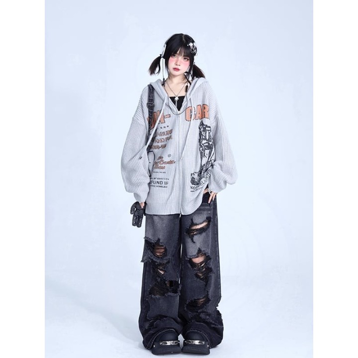 Jean large punk gris foncé effet déchiré