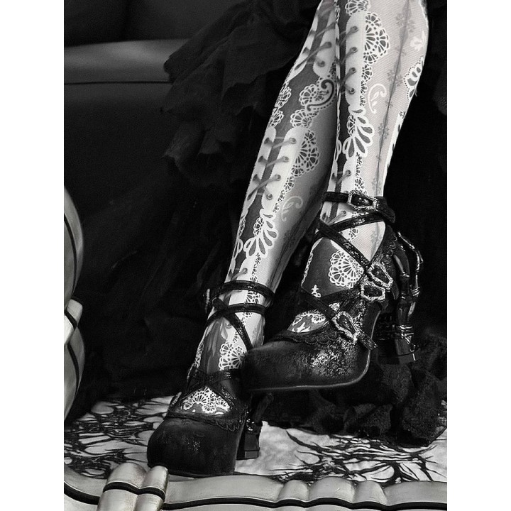 Chaussures lolita talon os à dentelle et brides croisées – Noir craquelé