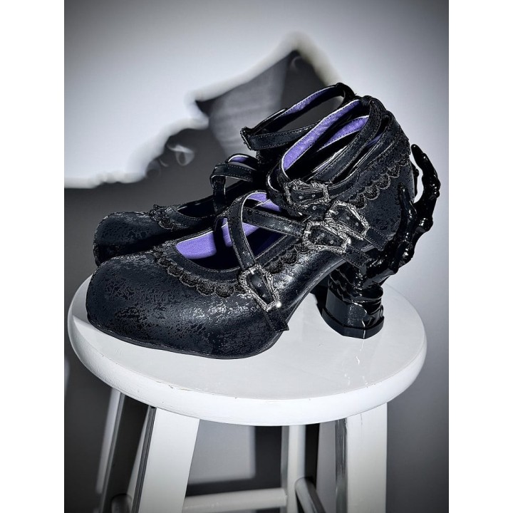Chaussures lolita talon os à dentelle et brides croisées – Noir craquelé