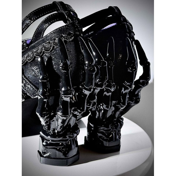 Chaussures lolita talon os à dentelle et brides croisées – Noir craquelé