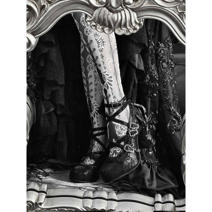 Chaussures lolita talon os à dentelle et brides croisées – Noir craquelé