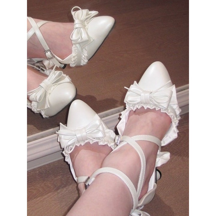 Escarpins lolita bout pointu à nœud et dentelle – Blanc