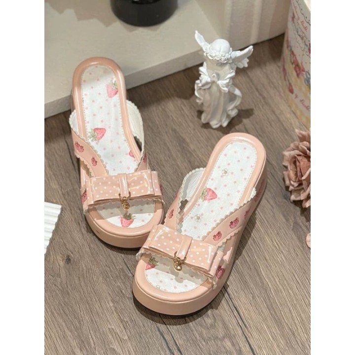 Chaussons fraise à semelle épaisse et nœuds – Rose
