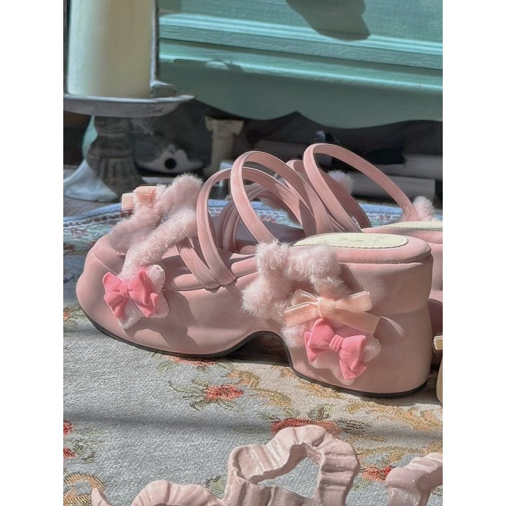 Sandales à talon duveteuses étoile et nœud – Rose
